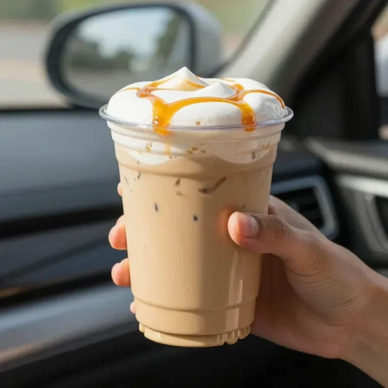 Caramel Pumpkin Chai Latte with Pumpkin Cold Foam A caramel pumpkin chai latte topped with pumpkin cold foam in a clear glass on a rustic table.