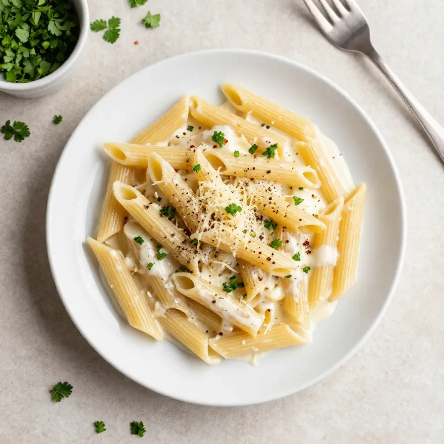 A creamy one pot garlic pasta served in a bowl with parsley and grated cheese.