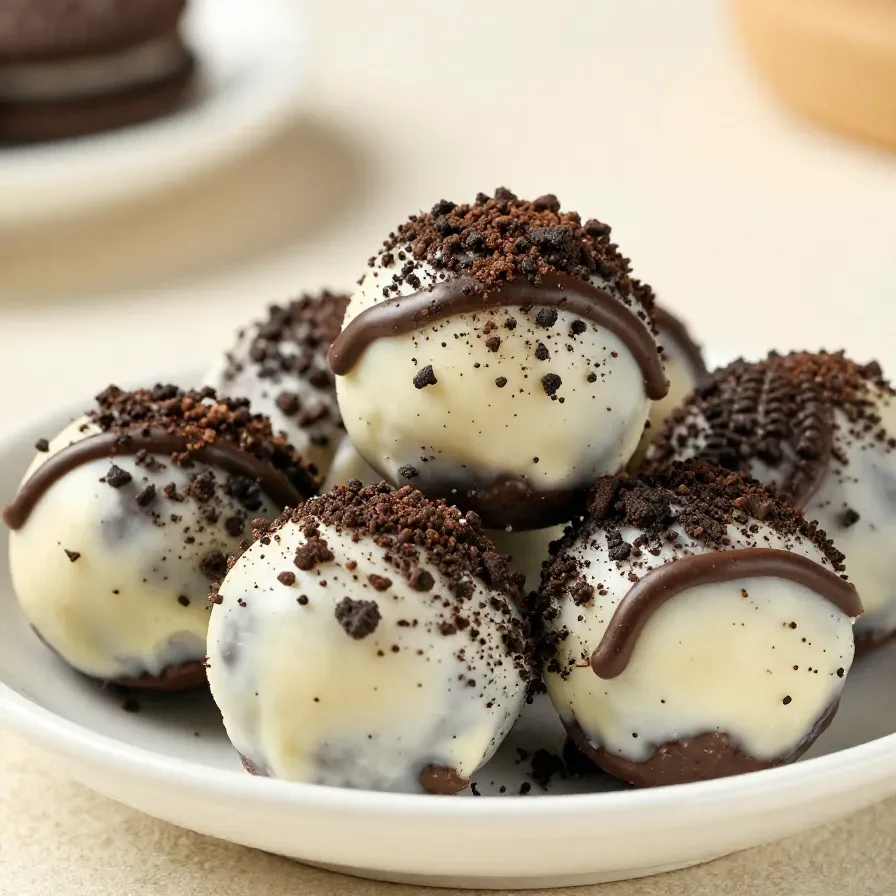 A plate of quick and easy Oreo balls coated in chocolate and topped with sprinkles.