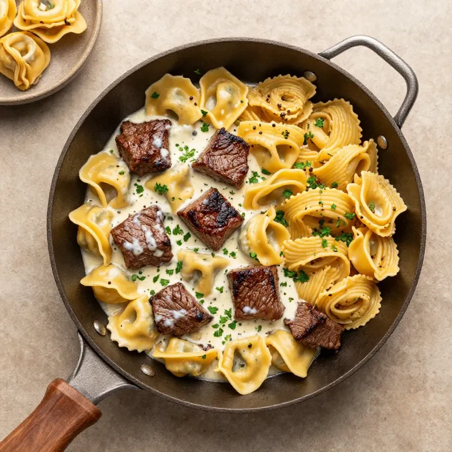 A bowl of garlic steak tortellini topped with sliced seared steak, creamy sauce, and chopped parsley.
