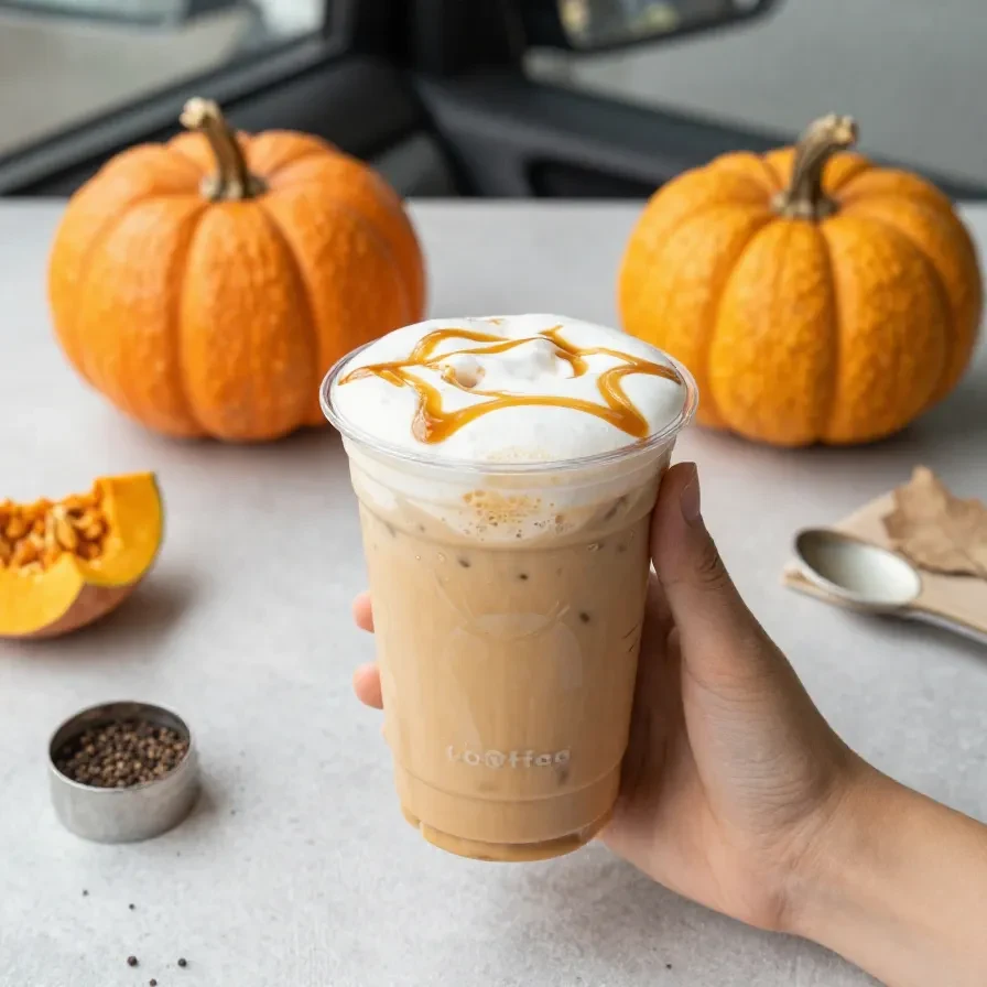 A caramel pumpkin chai latte topped with pumpkin cold foam in a clear glass on a rustic table.