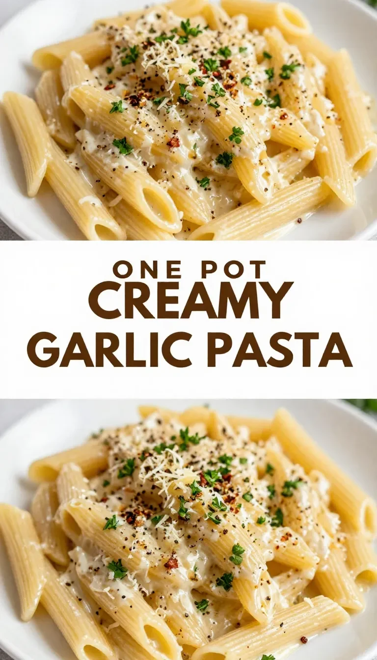 A creamy one pot garlic pasta served in a bowl with parsley and grated cheese.