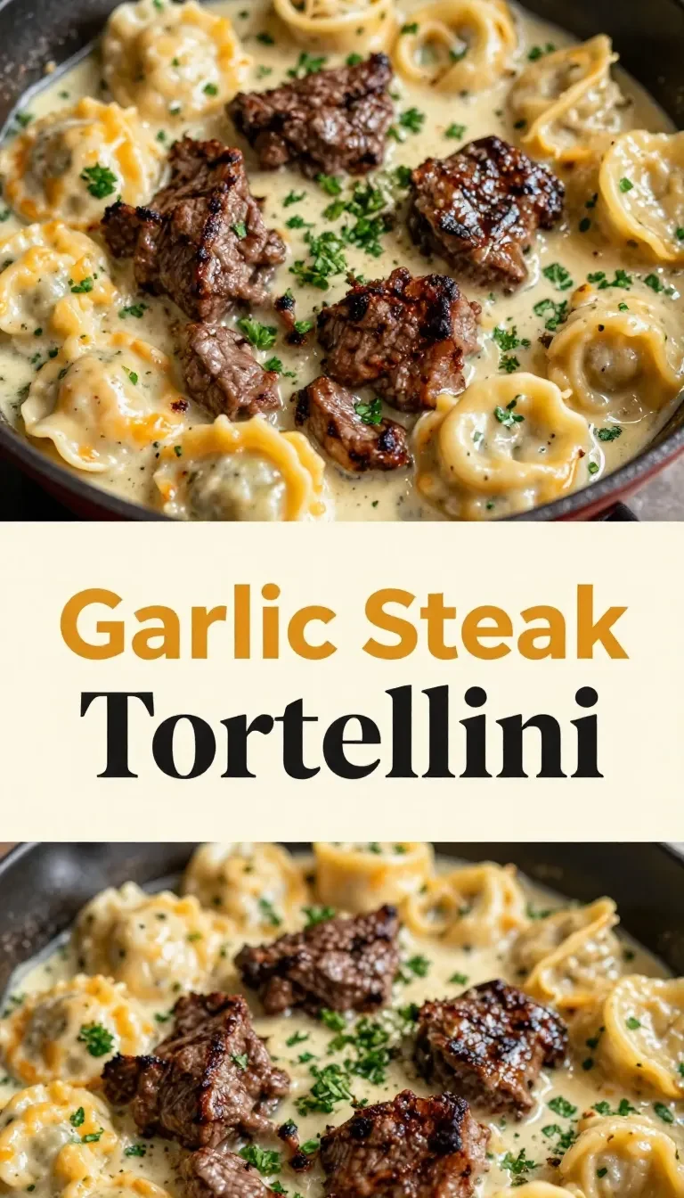 A bowl of garlic steak tortellini topped with sliced seared steak, creamy sauce, and chopped parsley.