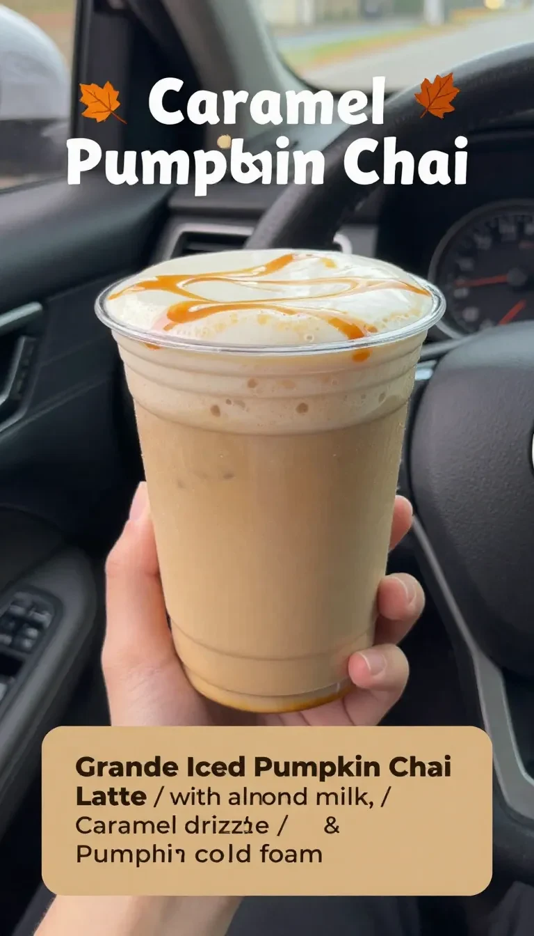 A caramel pumpkin chai latte topped with pumpkin cold foam in a clear glass on a rustic table.