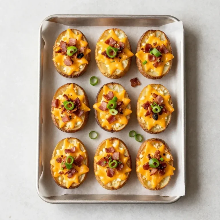 Crispy baked potato skins topped with melted cheese, crispy bacon, and chopped green onions on a serving platter.