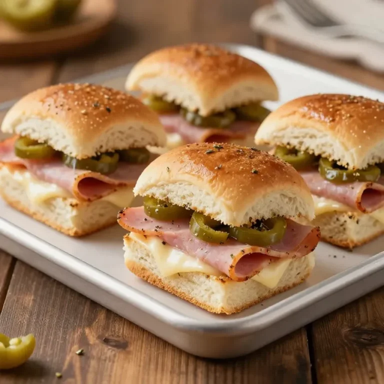 Close-up of hot Italian sub sliders topped with melted cheese, sliced meats, and toasted buns on a serving platter