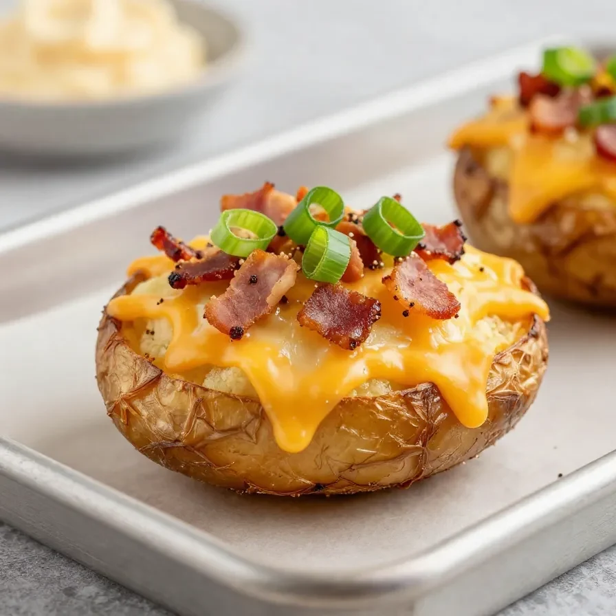 Crispy baked potato skins topped with melted cheese, crispy bacon, and chopped green onions on a serving platter.