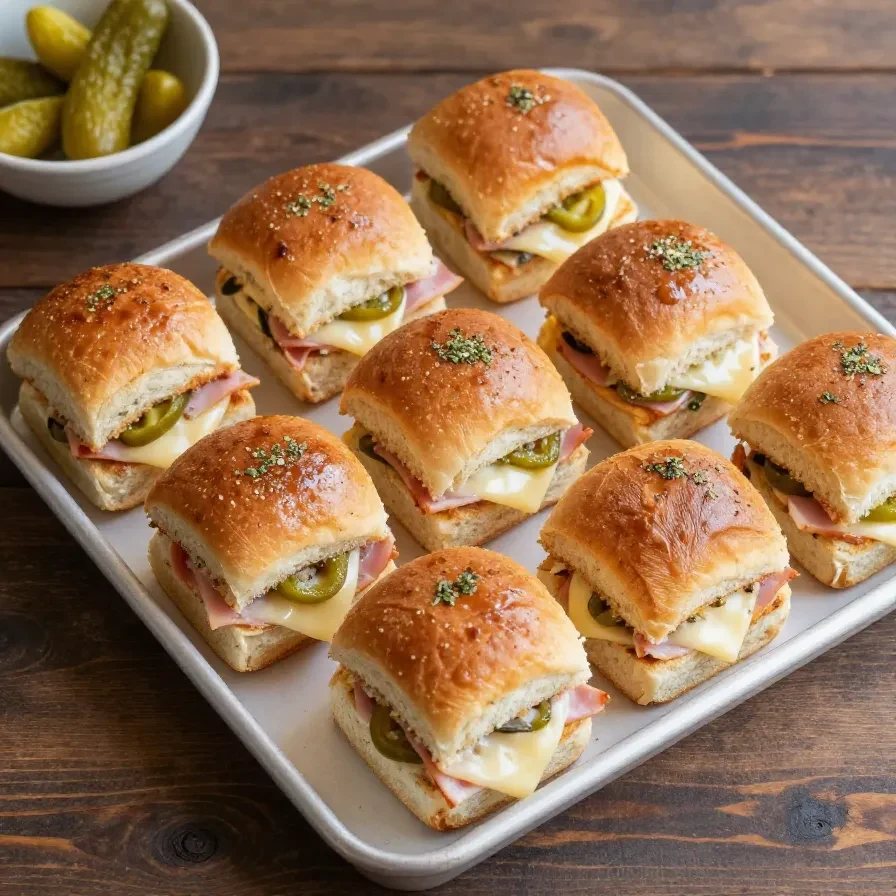 Close-up of hot Italian sub sliders topped with melted cheese, sliced meats, and toasted buns on a serving platter