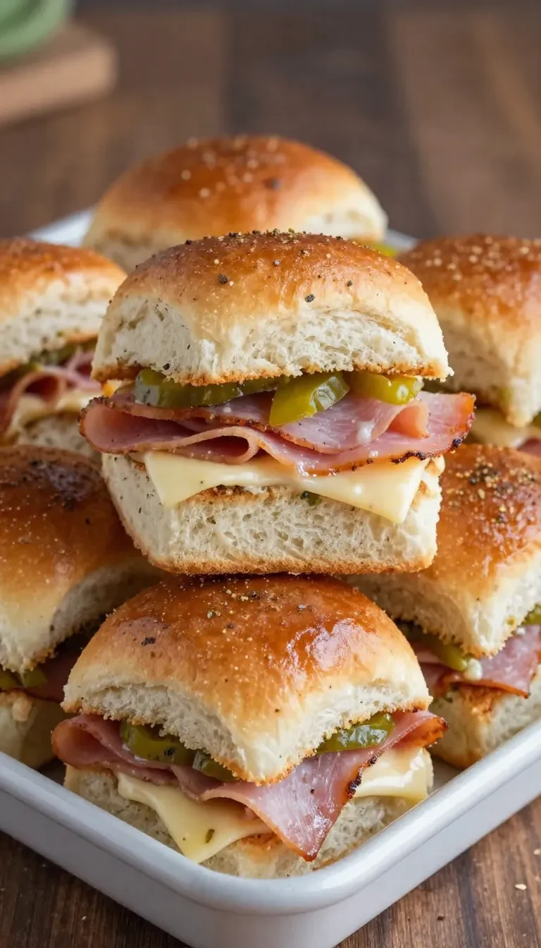 Close-up of hot Italian sub sliders topped with melted cheese, sliced meats, and toasted buns on a serving platter
