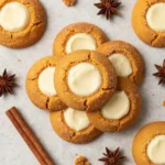 Soft pumpkin cheesecake cookies stacked on a plate with a creamy cheesecake swirl and warm autumn spices.