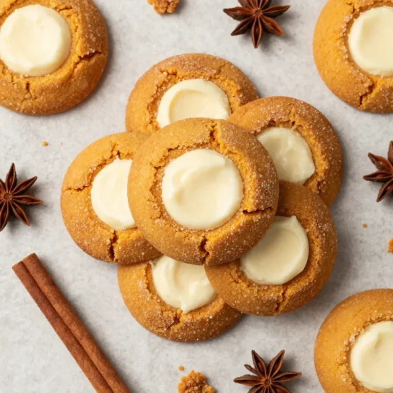 Soft pumpkin cheesecake cookies stacked on a plate with a creamy cheesecake swirl and warm autumn spices.