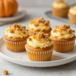 Low carb Starbucks-style pumpkin cream cheese muffins on a plate with a moist pumpkin crumb and creamy filling