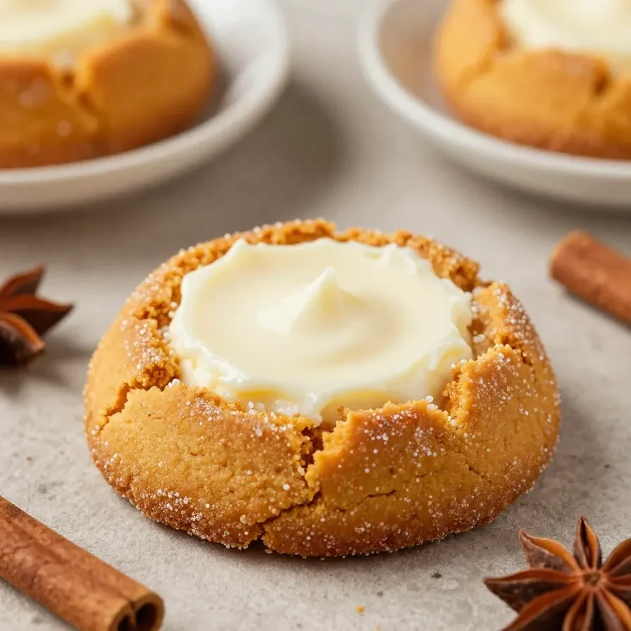 Soft pumpkin cheesecake cookies stacked on a plate with a creamy cheesecake swirl and warm autumn spices.