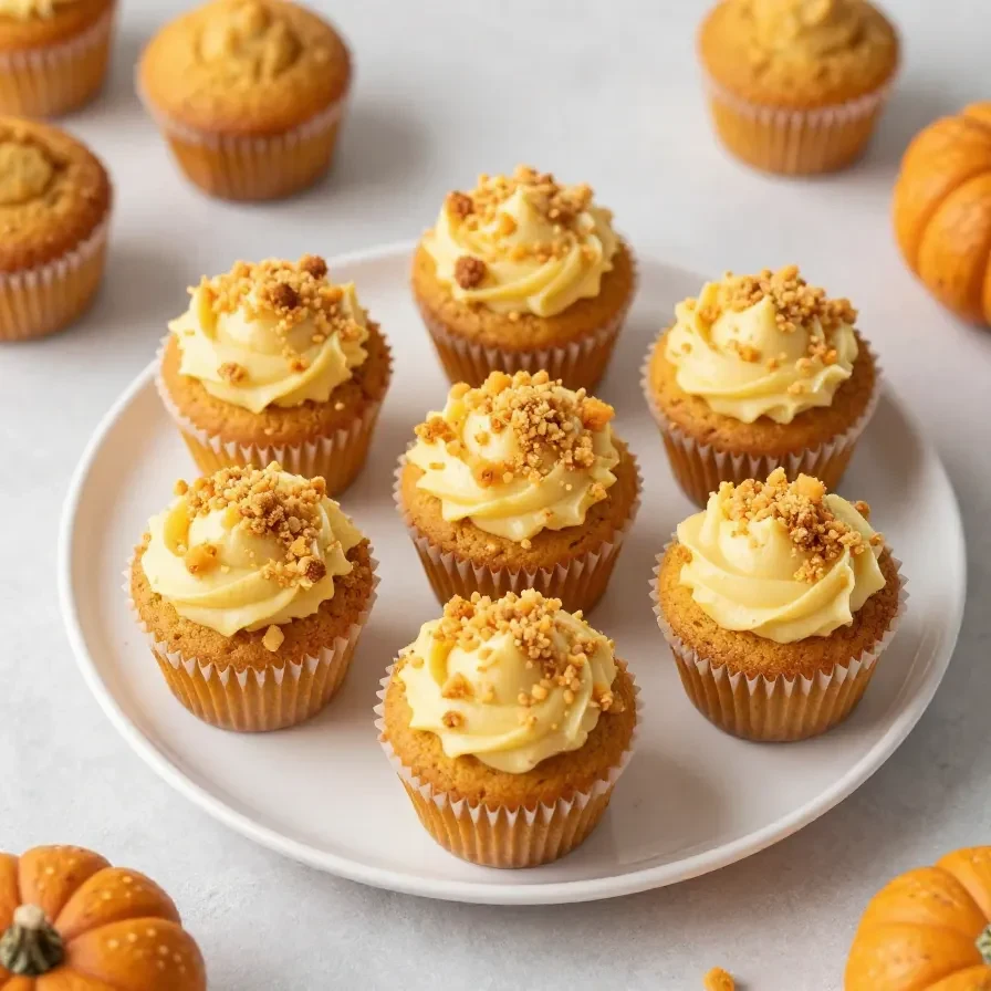 Low carb Starbucks-style pumpkin cream cheese muffins on a plate with a moist pumpkin crumb and creamy filling