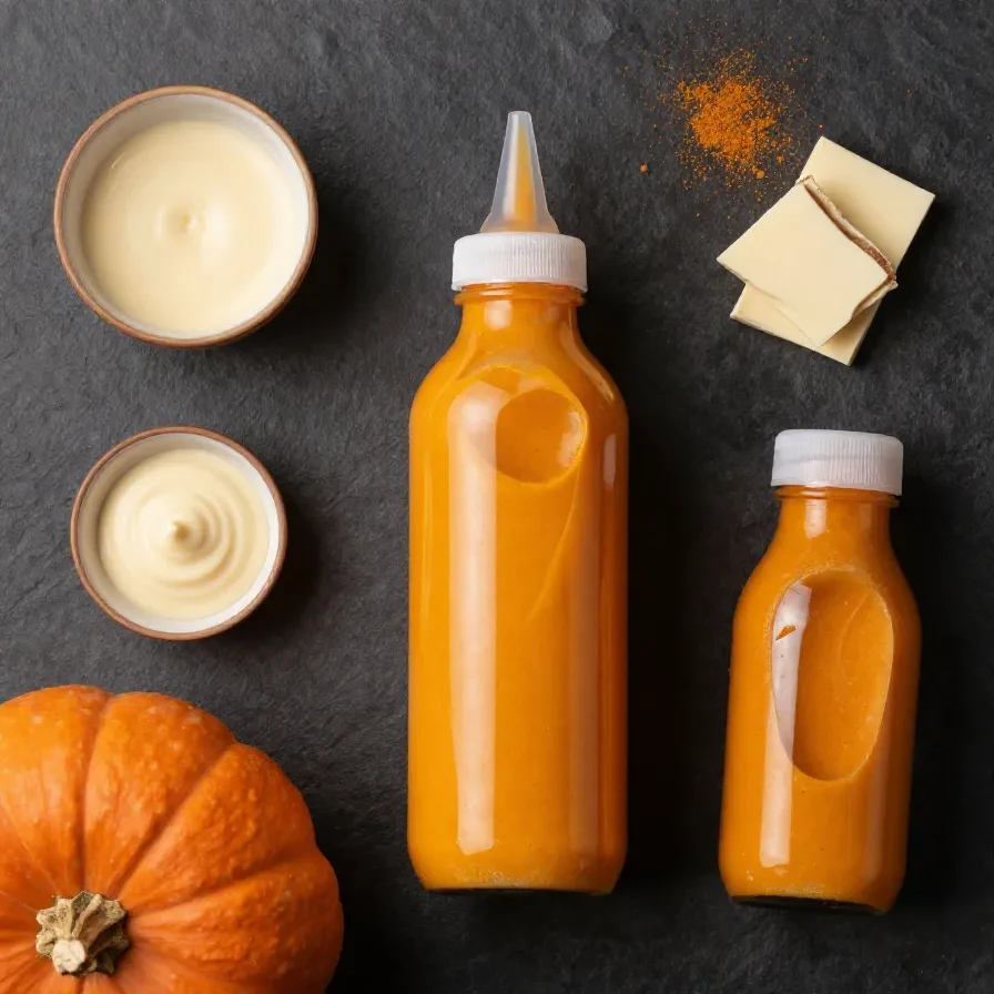 A bowl of homemade pumpkin spice sauce with a spoon beside cinnamon sticks and pumpkins