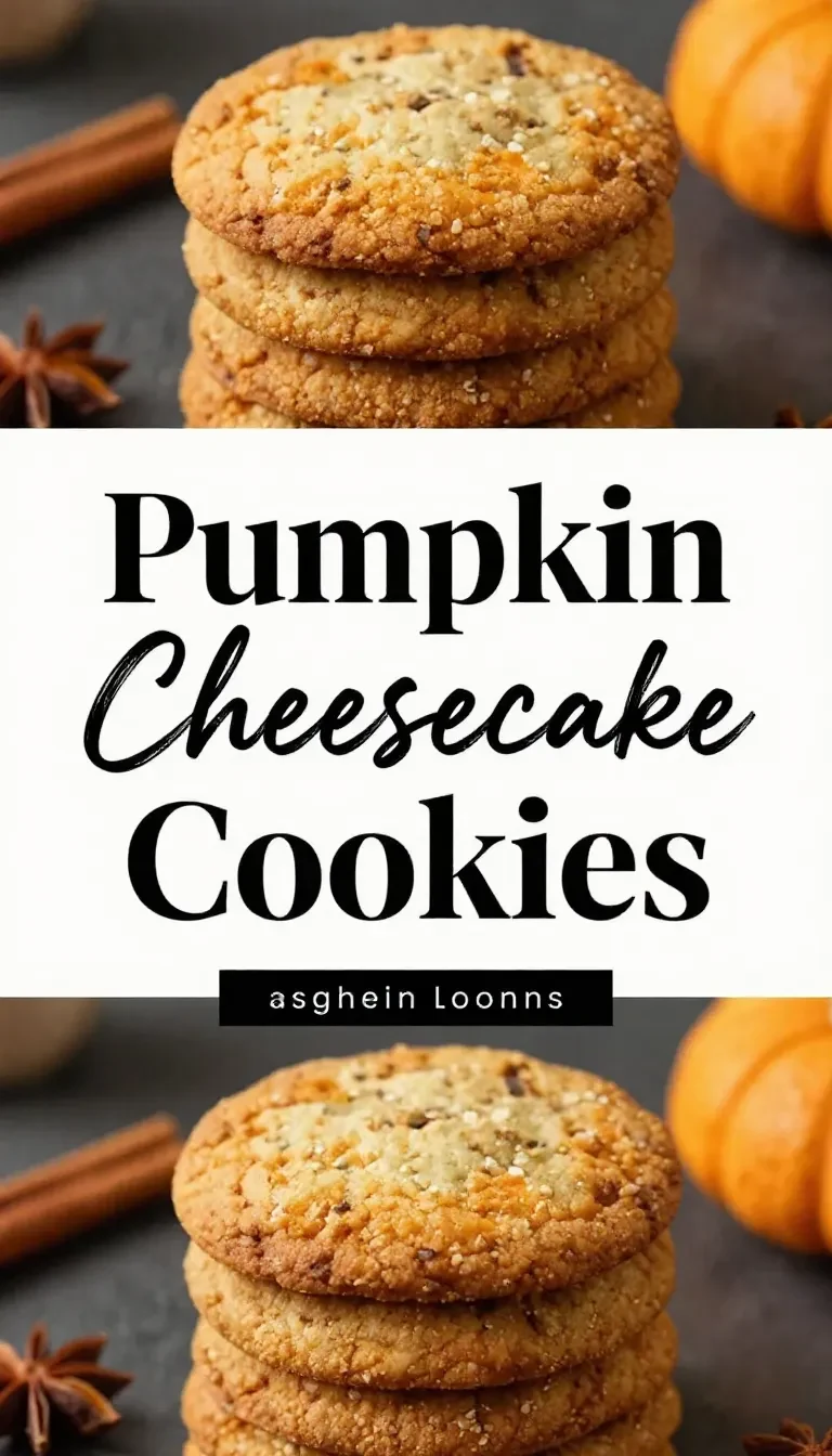 Soft pumpkin cheesecake cookies stacked on a plate with a creamy cheesecake swirl and warm autumn spices.