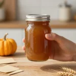 Homemade pumpkin coffee syrup in a glass bottle beside a cup of coffee and a small pumpkin