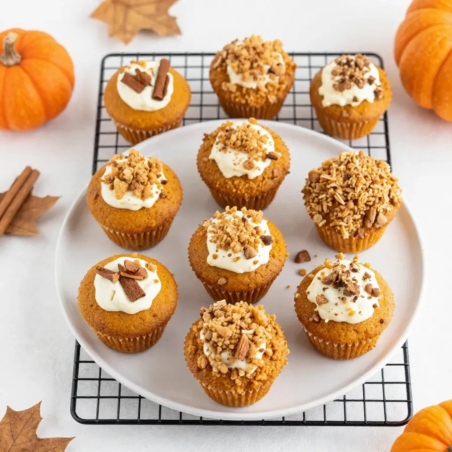Freshly baked cream cheese pumpkin spice muffins with a soft golden top, displayed on a plate
