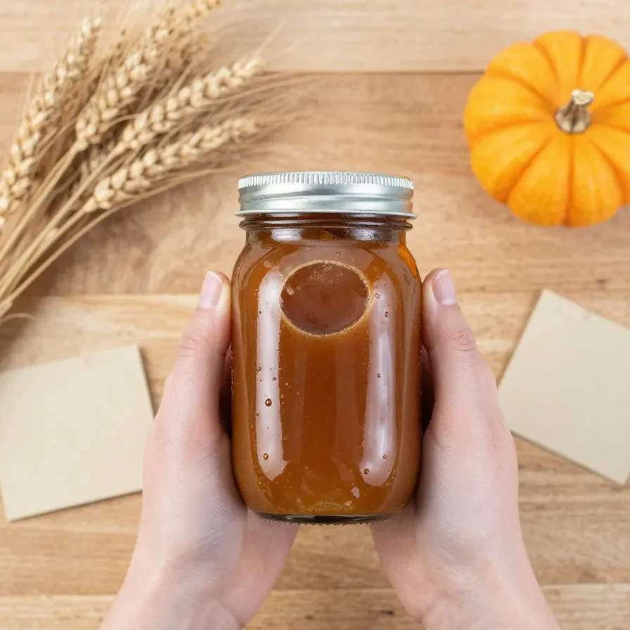 Homemade pumpkin coffee syrup in a glass bottle beside a cup of coffee and a small pumpkin