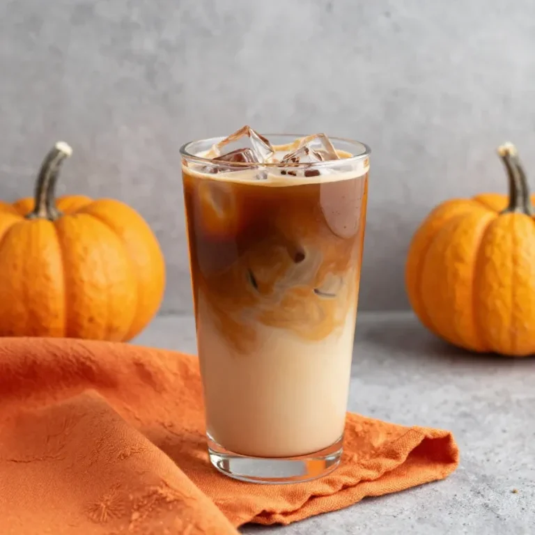 A glass of pumpkin cold brew coffee topped with creamy foam and a sprinkle of pumpkin spice on a wooden table.
