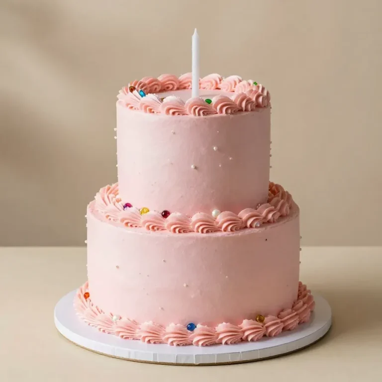 A pastel macaron cake decorated with stacked colorful macarons and delicate frosting.