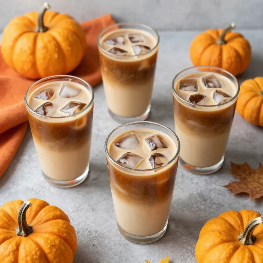 A glass of pumpkin cold brew coffee topped with creamy foam and a sprinkle of pumpkin spice on a wooden table.