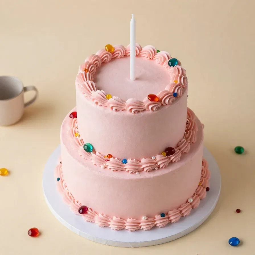 A pastel macaron cake decorated with stacked colorful macarons and delicate frosting.