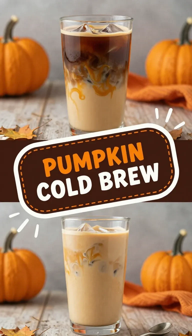 A glass of pumpkin cold brew coffee topped with creamy foam and a sprinkle of pumpkin spice on a wooden table.