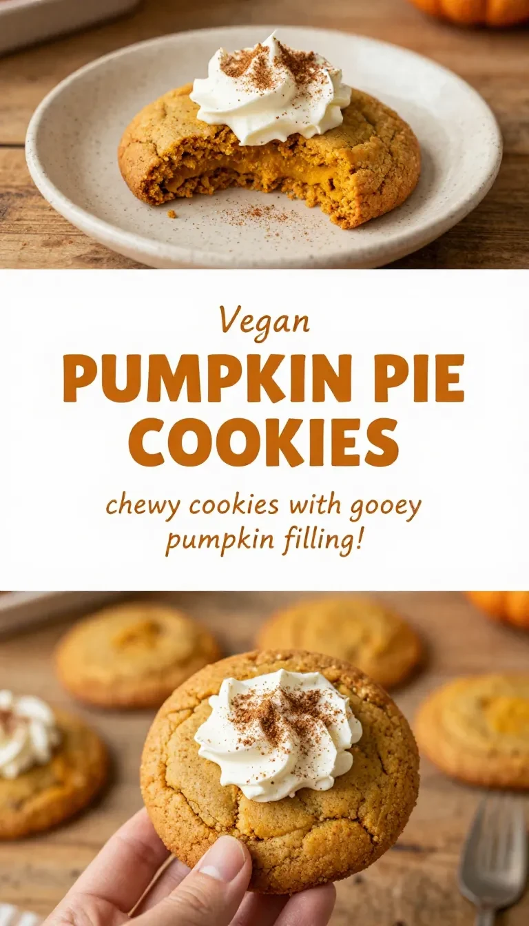 A plate of vegan pumpkin pie cookies with a soft orange filling and cinnamon sprinkle, arranged on a rustic table.