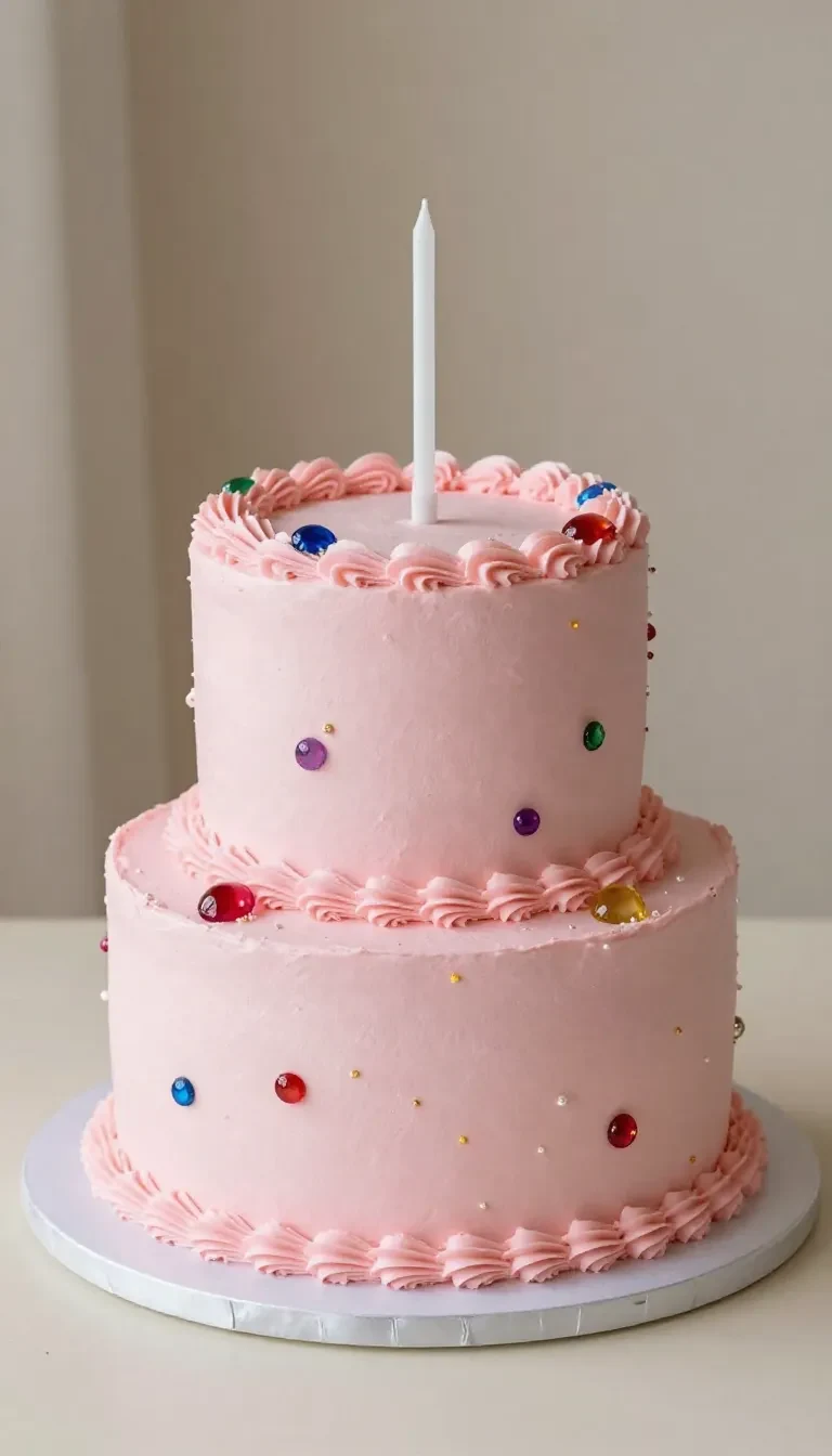 A pastel macaron cake decorated with stacked colorful macarons and delicate frosting.