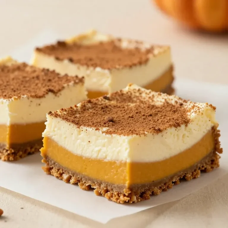Keto pumpkin cheesecake bars topped with a creamy swirl and a light sprinkle of cinnamon on a white serving plate