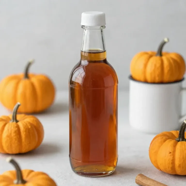 Homemade pumpkin spice syrup in a glass jar beside a cup of tea and a mug of coffee