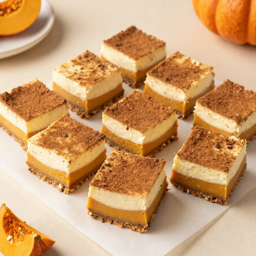 Keto pumpkin cheesecake bars topped with a creamy swirl and a light sprinkle of cinnamon on a white serving plate