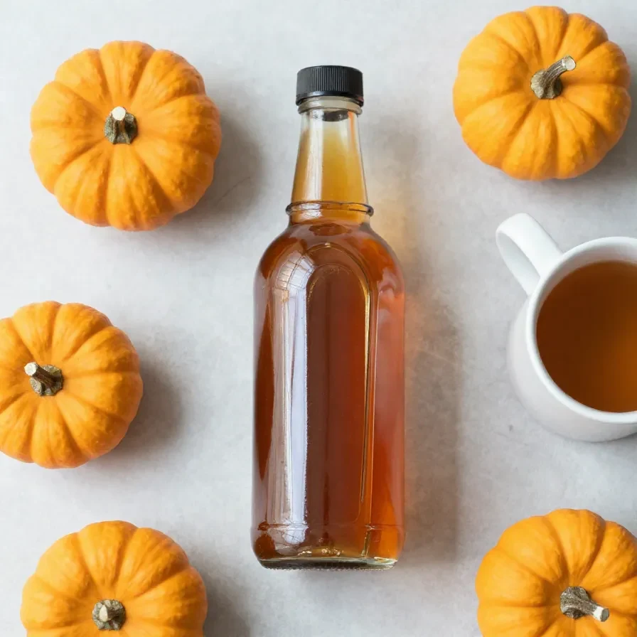 Homemade pumpkin spice syrup in a glass jar beside a cup of tea and a mug of coffee