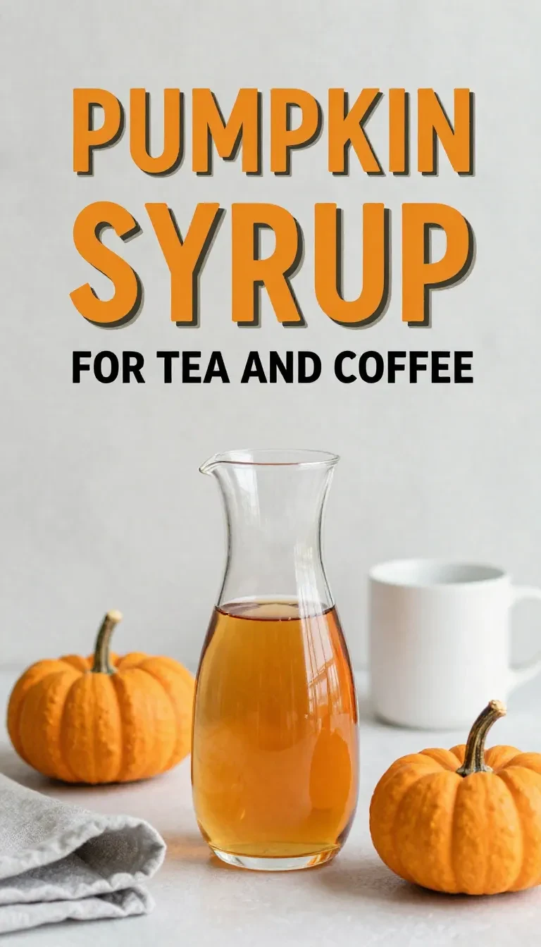 Homemade pumpkin spice syrup in a glass jar beside a cup of tea and a mug of coffee