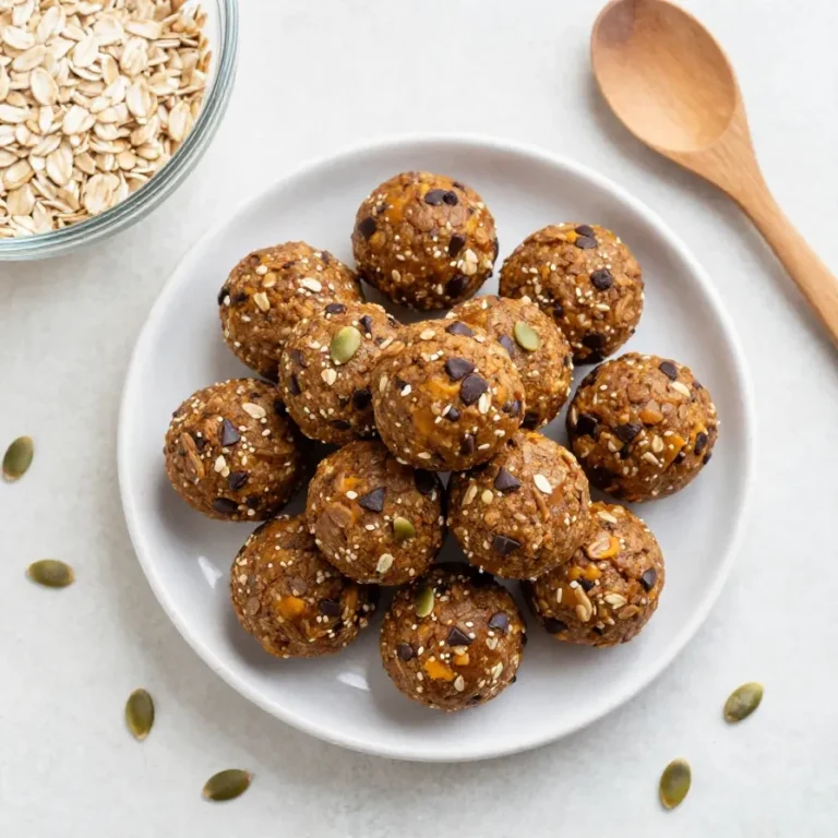 A plate of pumpkin protein energy balls rolled in oats and seeds, arranged on a light surface.