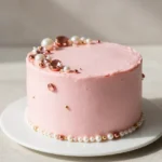 A close-up view of a diamond-shaped cake dusted with powdered sugar on a decorative plate.