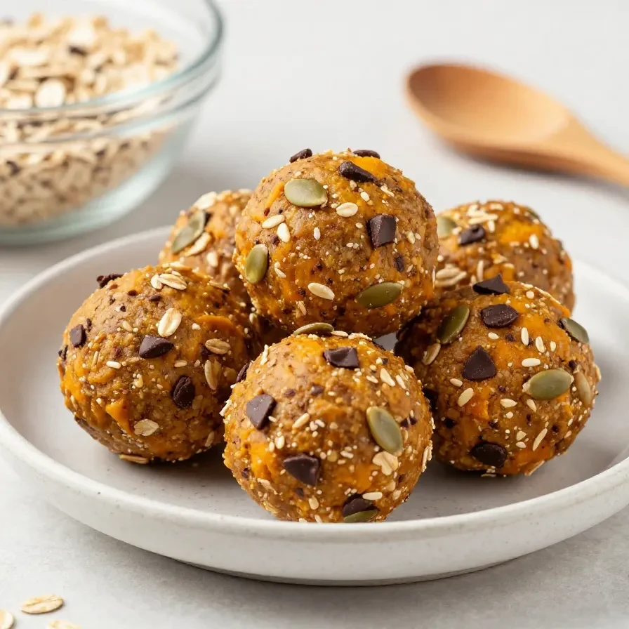 A plate of pumpkin protein energy balls rolled in oats and seeds, arranged on a light surface.