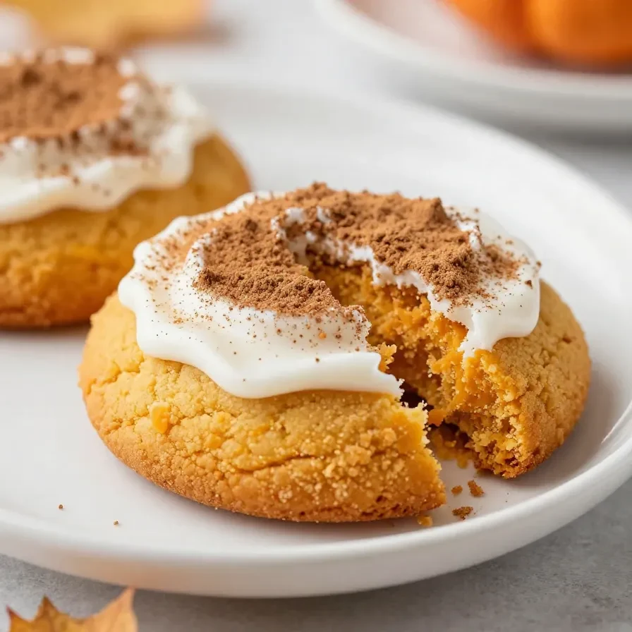 Plate of soft pumpkin cookies made with cake mix, dusted with cinnamon sugar and arranged on a rustic kitchen table
