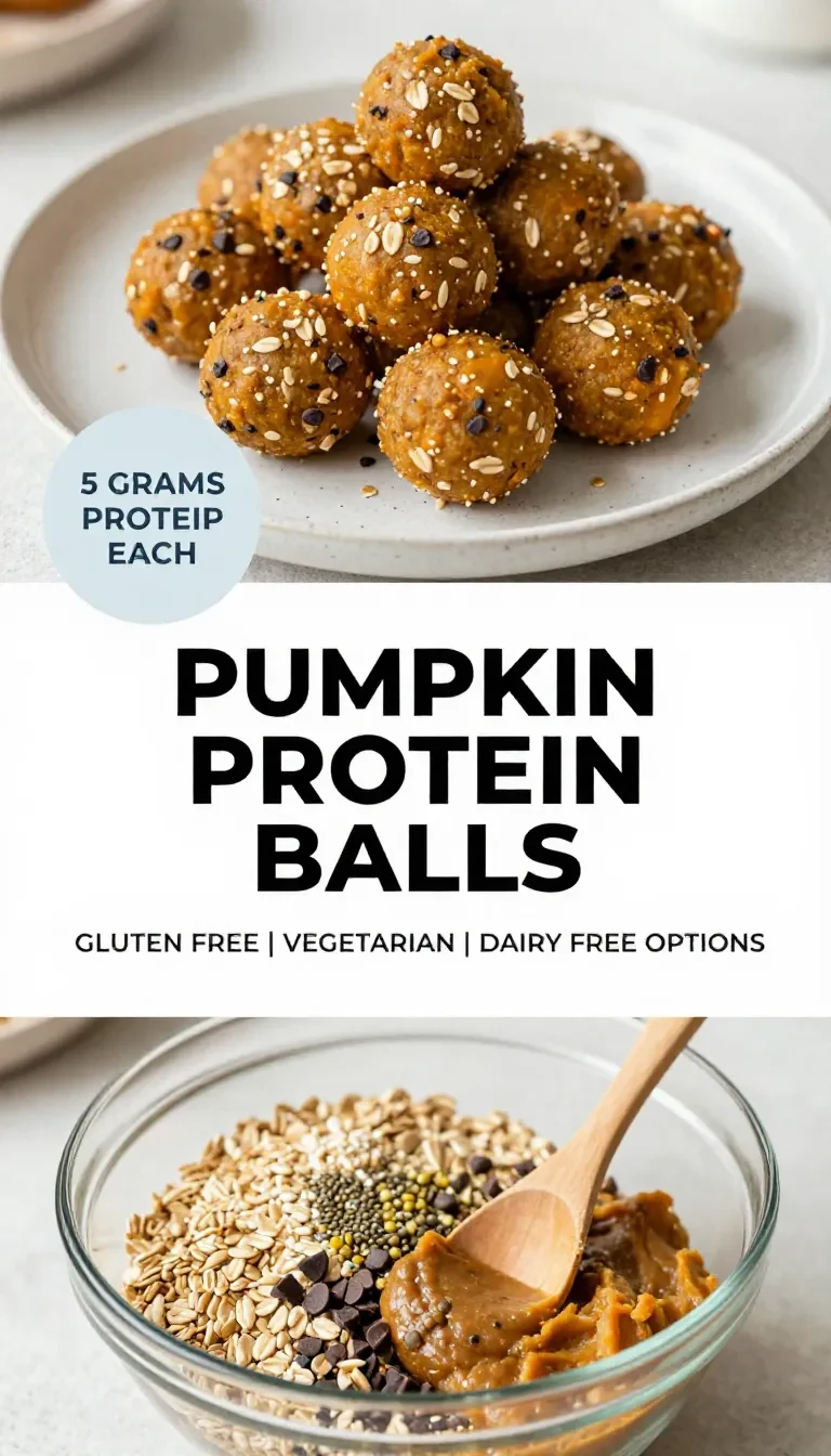 A plate of pumpkin protein energy balls rolled in oats and seeds, arranged on a light surface.