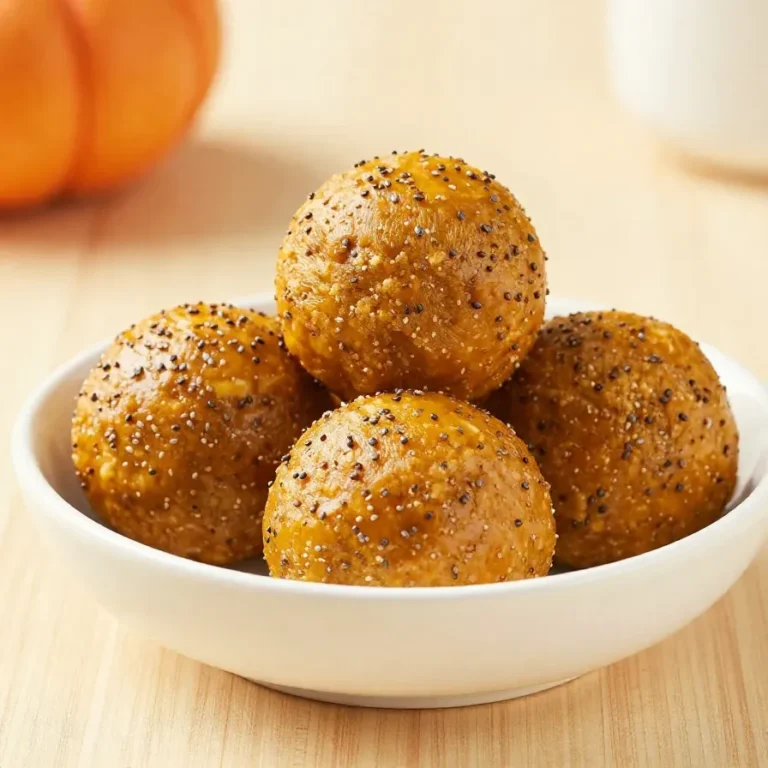 A plate of no bake healthy pumpkin pie energy balls coated with oats and cinnamon.