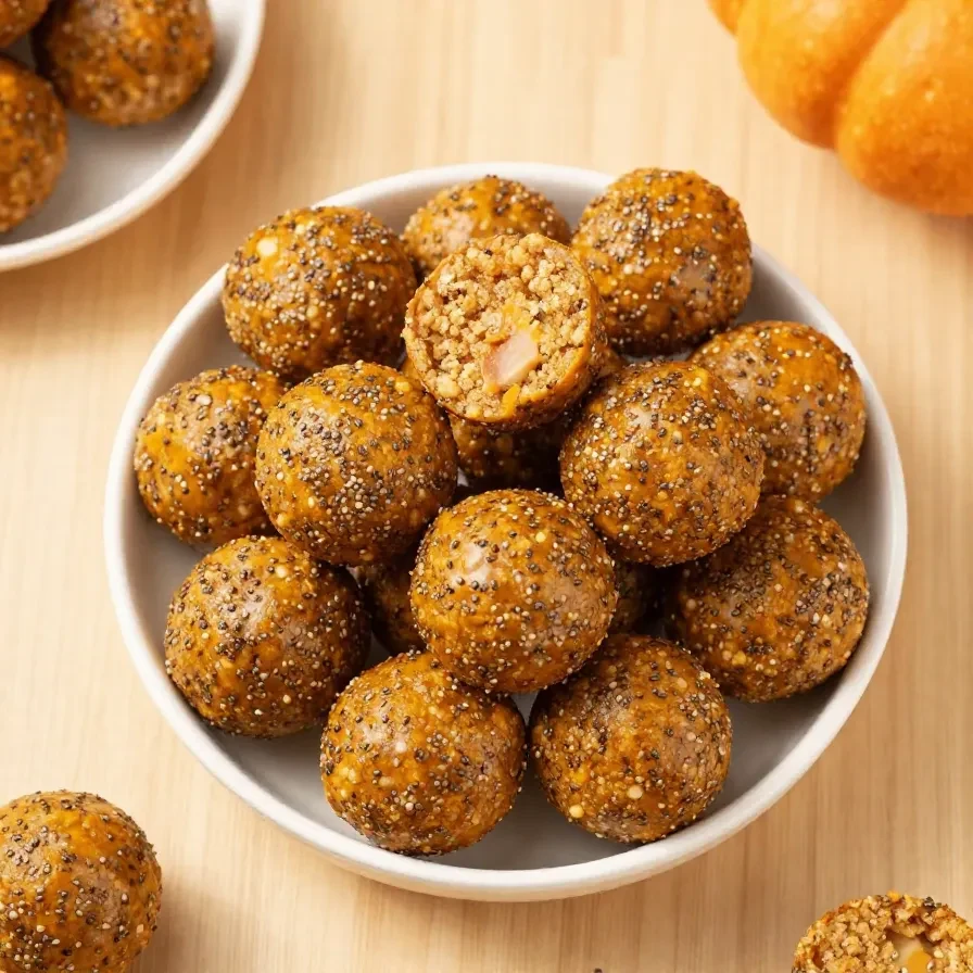 A plate of no bake healthy pumpkin pie energy balls coated with oats and cinnamon.