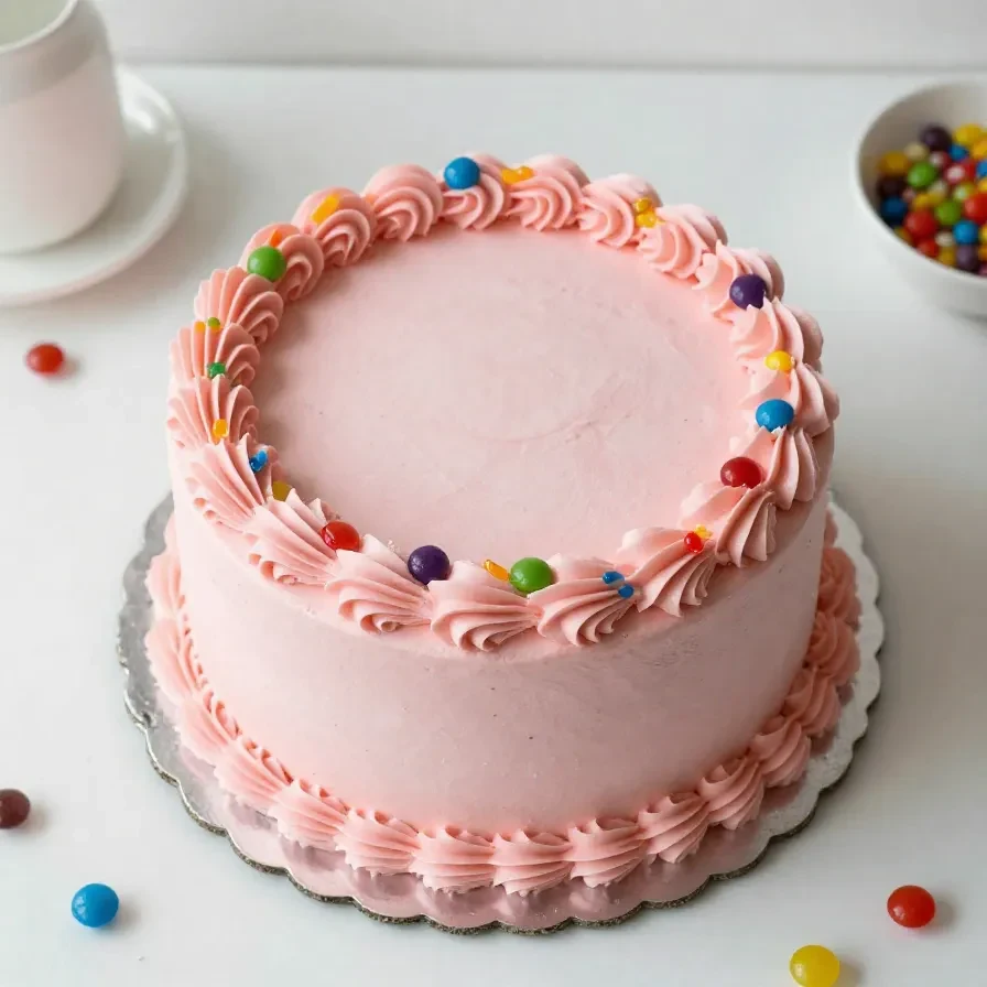 A pastel cake decorated with colorful edible gems on a decorative plate
