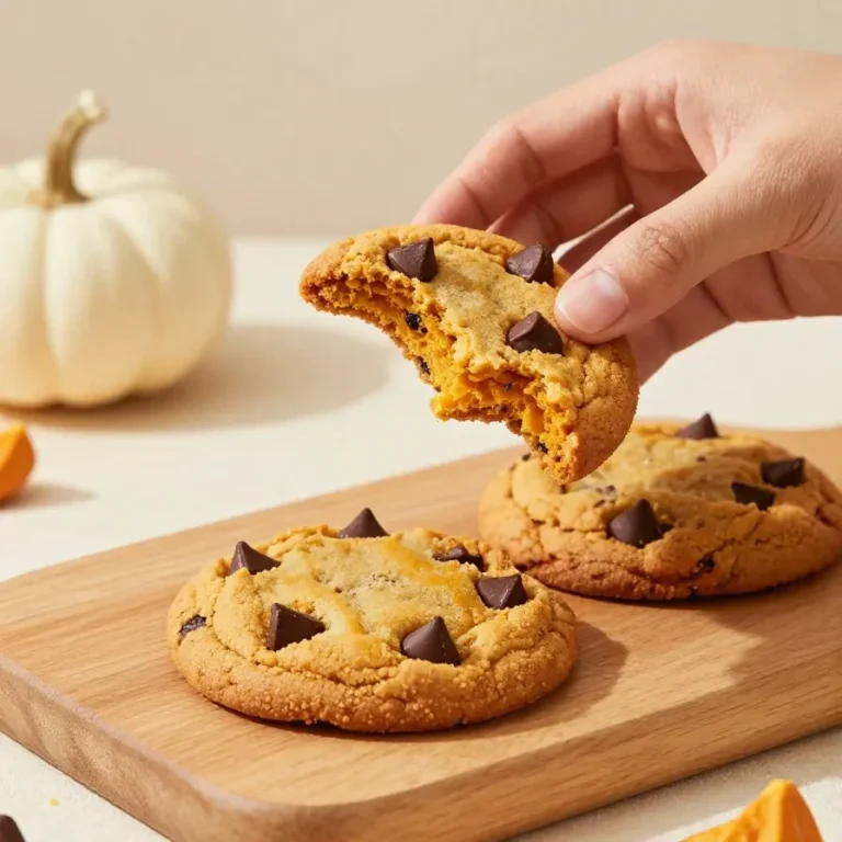 Freshly baked pumpkin chocolate chip cookies arranged on a cooling rack.