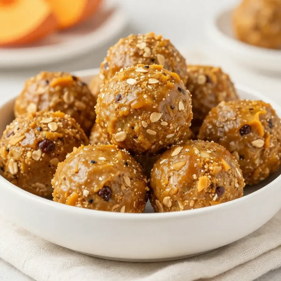 A plate of pumpkin protein balls dusted with cinnamon, made with gluten-free and vegan ingredients.