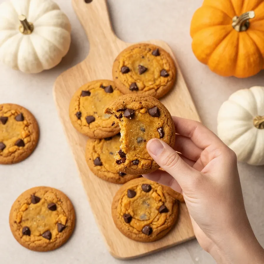 Freshly baked pumpkin chocolate chip cookies arranged on a cooling rack.