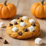 Stack of pumpkin s'mores cookies with melted chocolate, marshmallows, and graham cracker pieces on a cooling rack