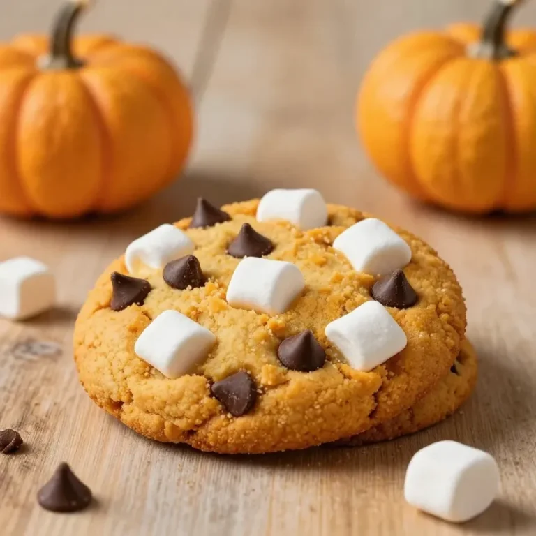 Stack of pumpkin s'mores cookies with melted chocolate, marshmallows, and graham cracker pieces on a cooling rack