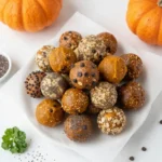 Homemade pumpkin spice energy bites rolled in oats and cinnamon on a white plate