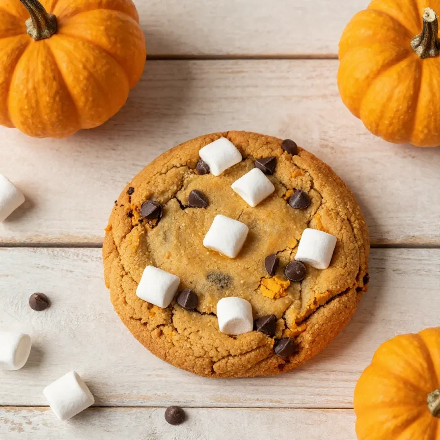 Stack of pumpkin s'mores cookies with melted chocolate, marshmallows, and graham cracker pieces on a cooling rack